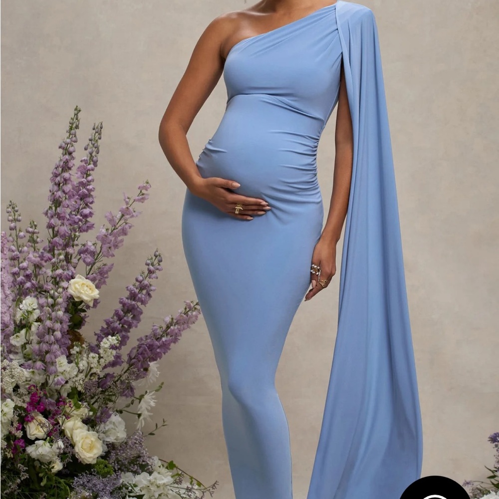 AMARYLLIS POWDER BLUE MATERNITY ONE SHOULDER MAXI DRESS WITH CAPE SLEEVE